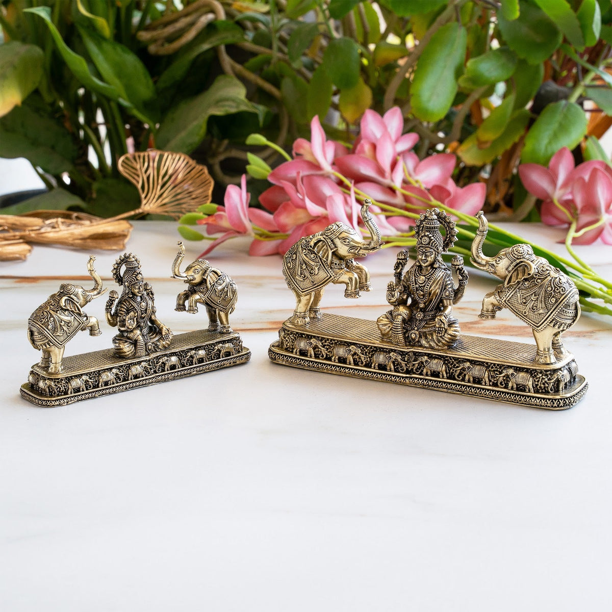Brass Lakshmi Idol with Elephant Design - Pooja Home Temple Décor and Gifting
