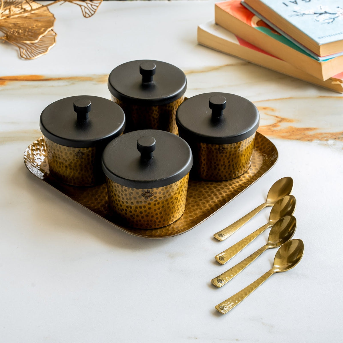 Antique Hammered Brass Finish Condiment Bowl Set of 4 With Lid & Spoon