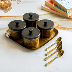 Antique Hammered Brass Finish Condiment Bowl Set of 4 With Lid & Spoon