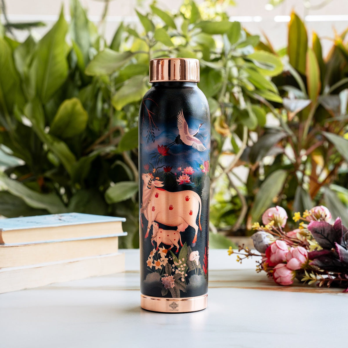 Copper Kalakriti Cow Art Printed Bottle - 940 ML