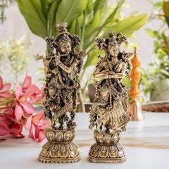 Pure Brass Antique Finish Radha Krishna Standing Murti For Home Temple - 24.13 cm
