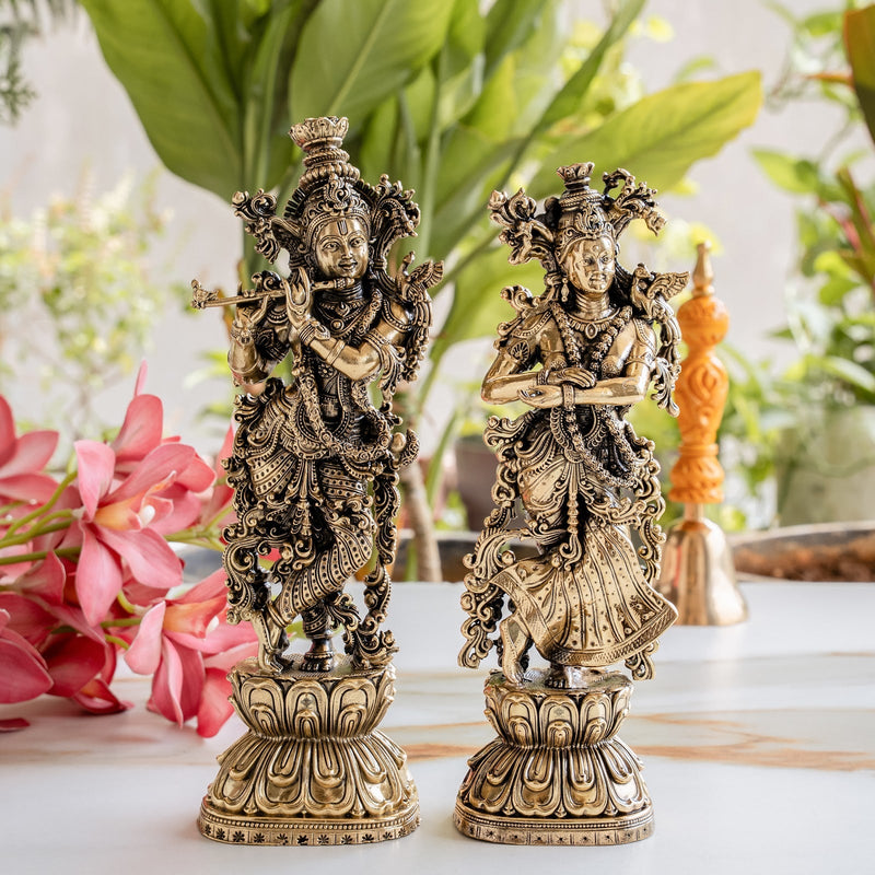 Pure Brass Antique Finish Radha Krishna Standing Murti For Home Temple - 24.13 cm