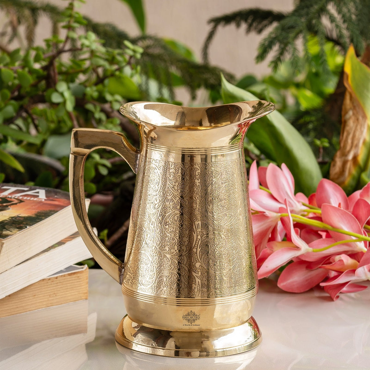 Pure Brass Embossed Design Jug | Handcrafted Pitcher | 1050 ML