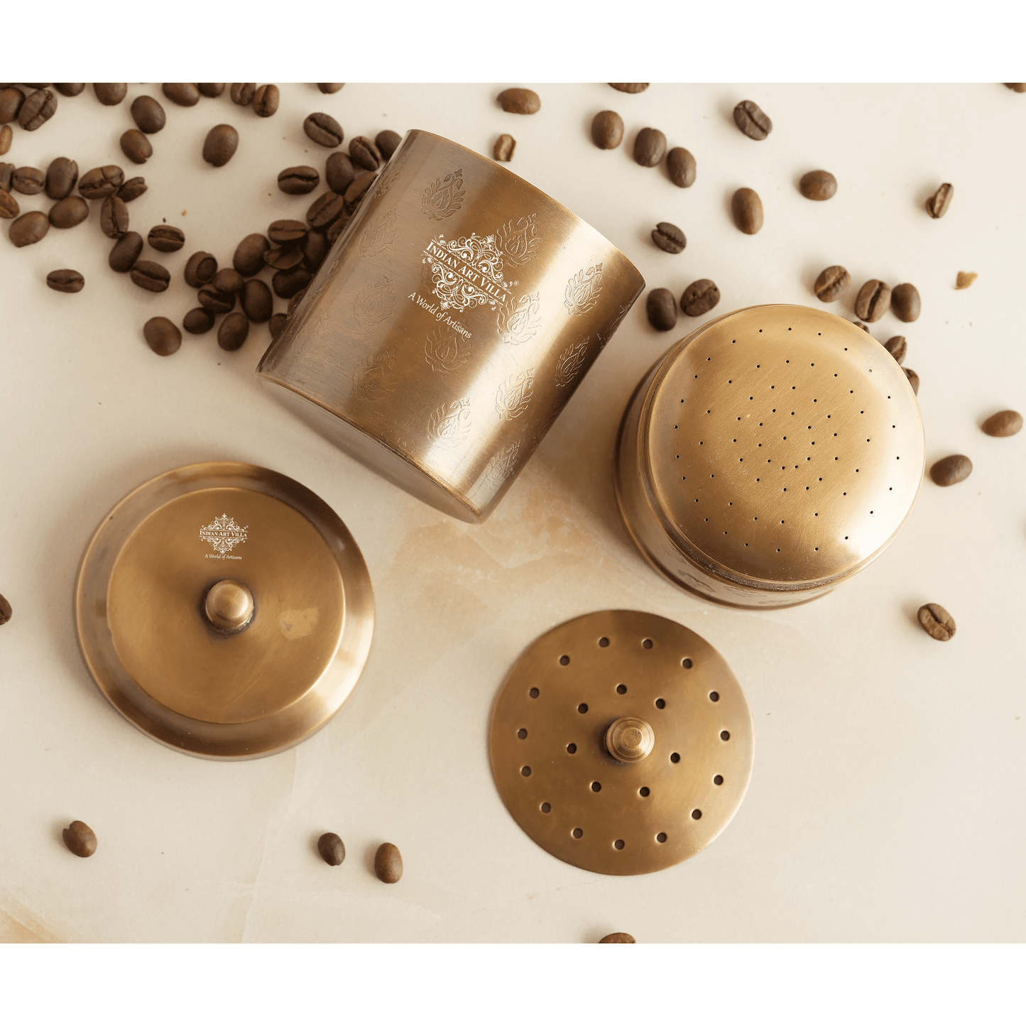 Pure Brass Coffee Filter Antique Dark Finished Embossed Design Medium Size