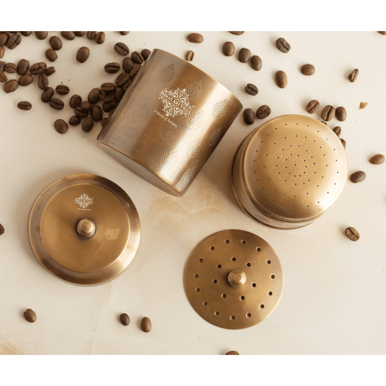 Pure Brass Coffee Filter Antique Dark Finished Embossed Design Medium Size