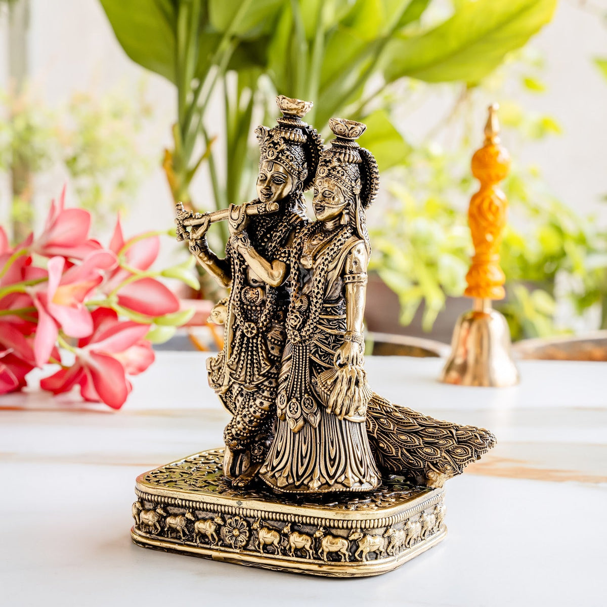 Brass Antique Finish Radha Krishna Standing Idol with Peacock & Cow - 20.32 cm