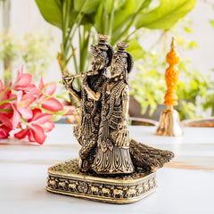Brass Antique Finish Radha Krishna Standing Idol with Peacock & Cow - 20.32 cm