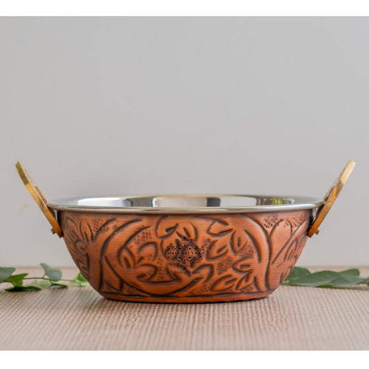 Indian Art Villa, Steel Copper Embossed Antique Dark Tone Design Kadhai with Different Size