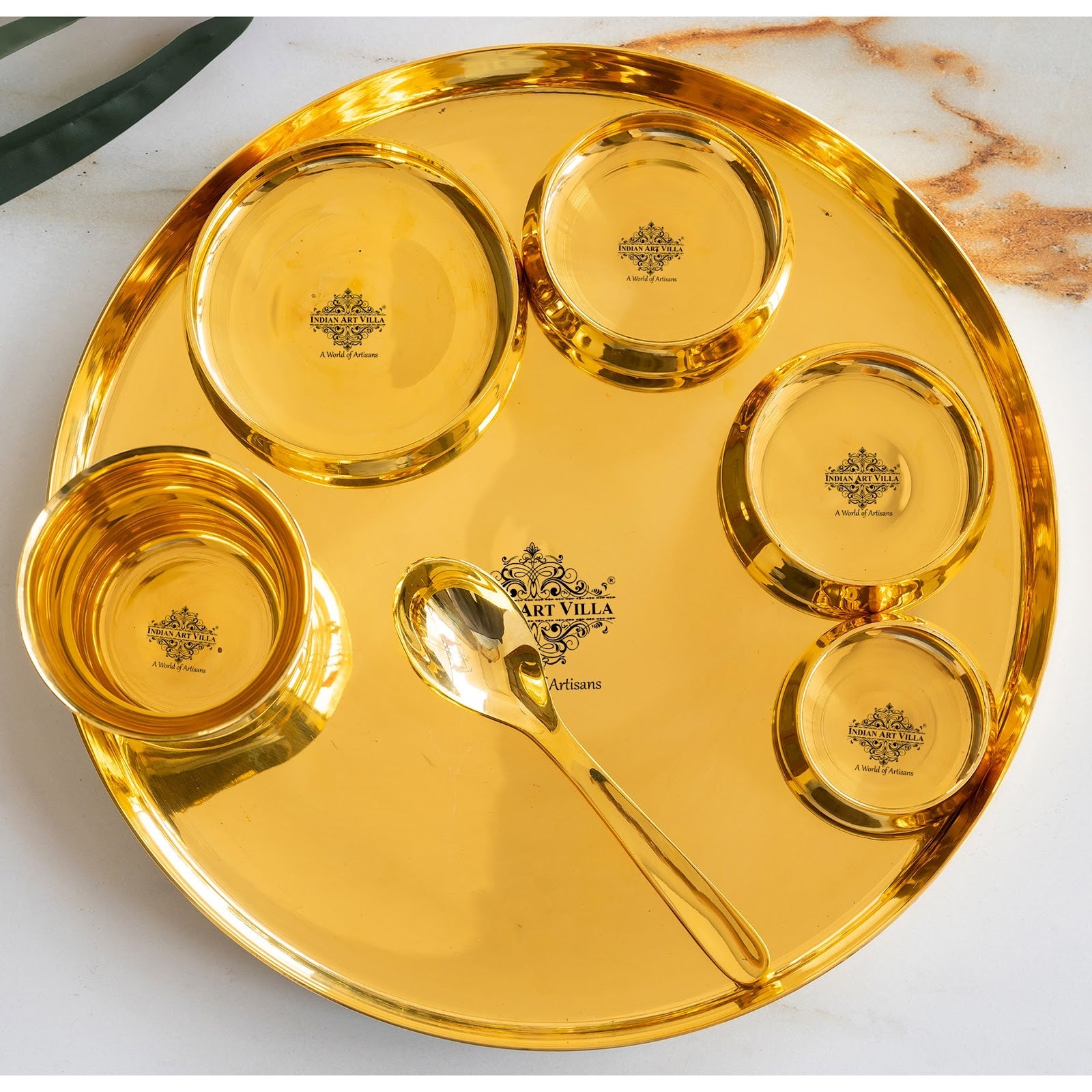 Luxurious Brass 7 Piece Dinner Set With Lead-Free Gold Finish - Elevate Your Dining with Timeless Indian Craftsmanship"