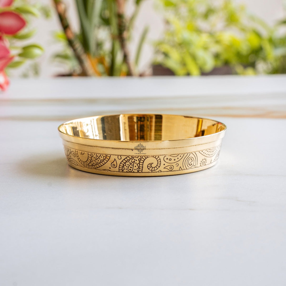 Pure Brass Embossed Thali Set 31.75 cm with Bowls, Spoon & Glass