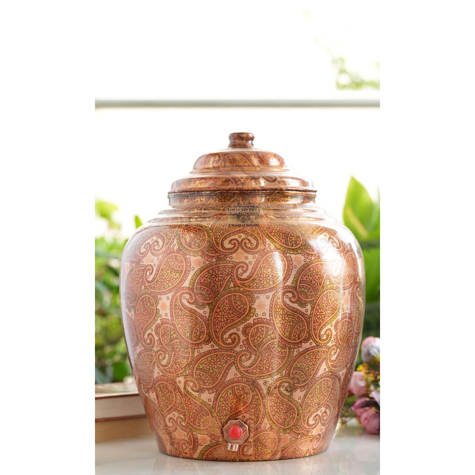 Pure Printed Paisely Design Copper Water Dispenser Pot Matka, Storage, Home Kitchen Garden