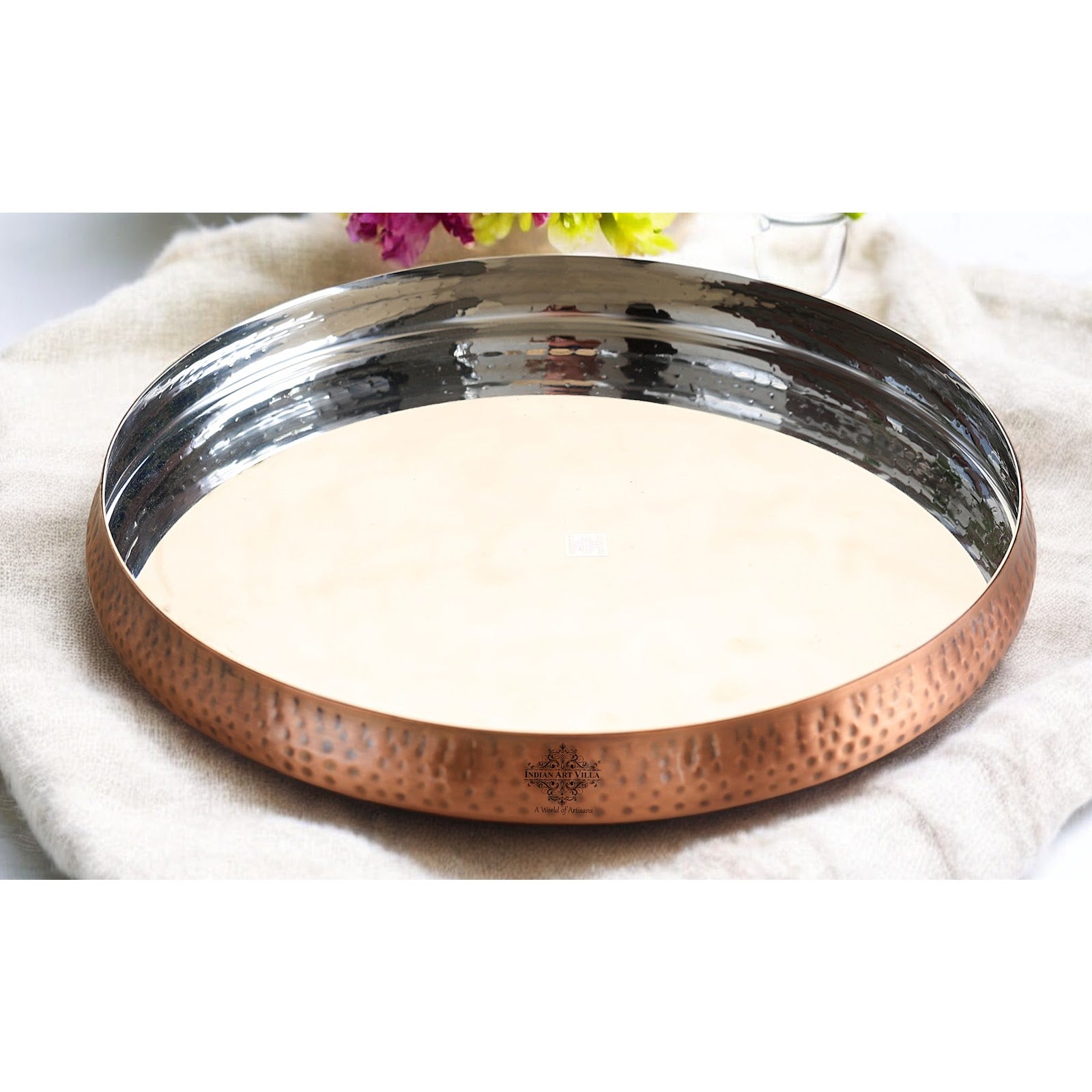 Indian Art Villa, Pure Steel Copper Thali Plate,  Antique Finish Hammered Curved Design, Traditional Dinnerware & Tableware