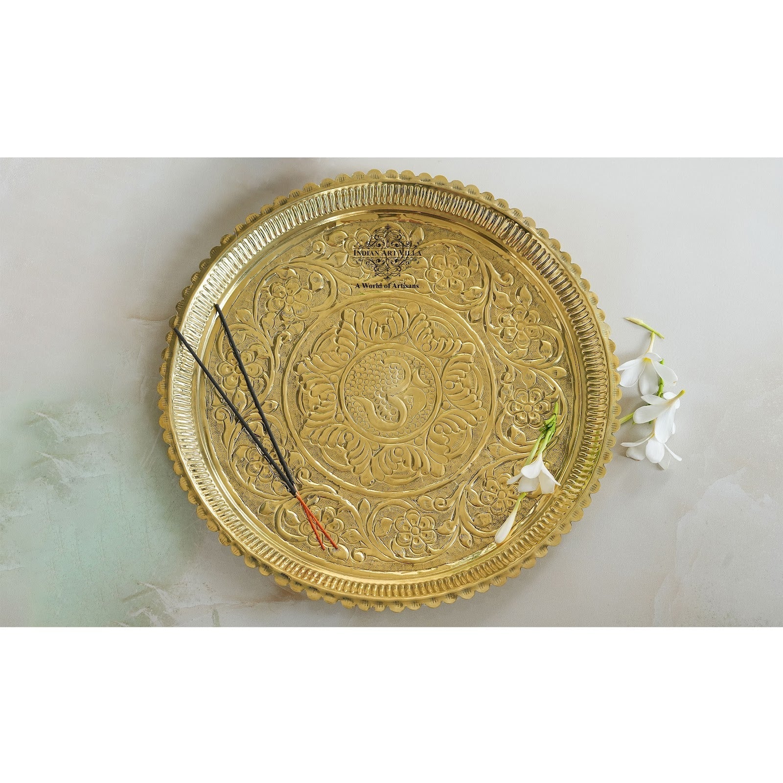 Pure Brass Om Design Pooja Thali Plate | Poojan Temple Home |Diameter 34.04 CMS