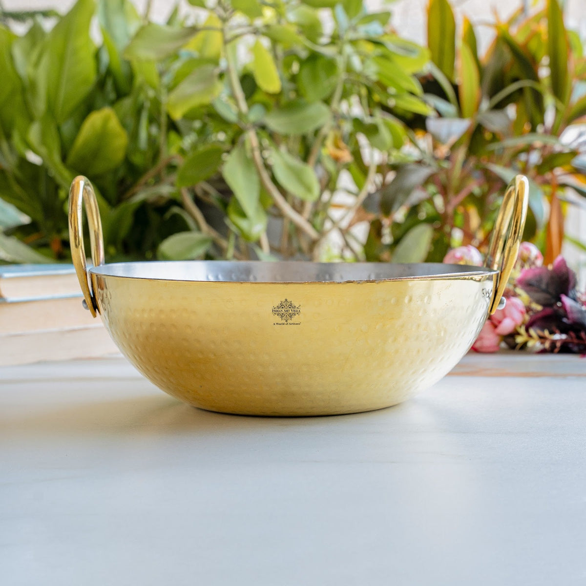 Brass Kadhai With Hammered Design, Tin Lining & Brass Handles