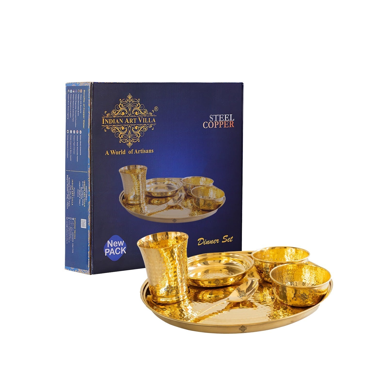 Pure Brass Matt Finish & Hammered 7 Pieces Dinner Set / Thali Set | DinnerWare |