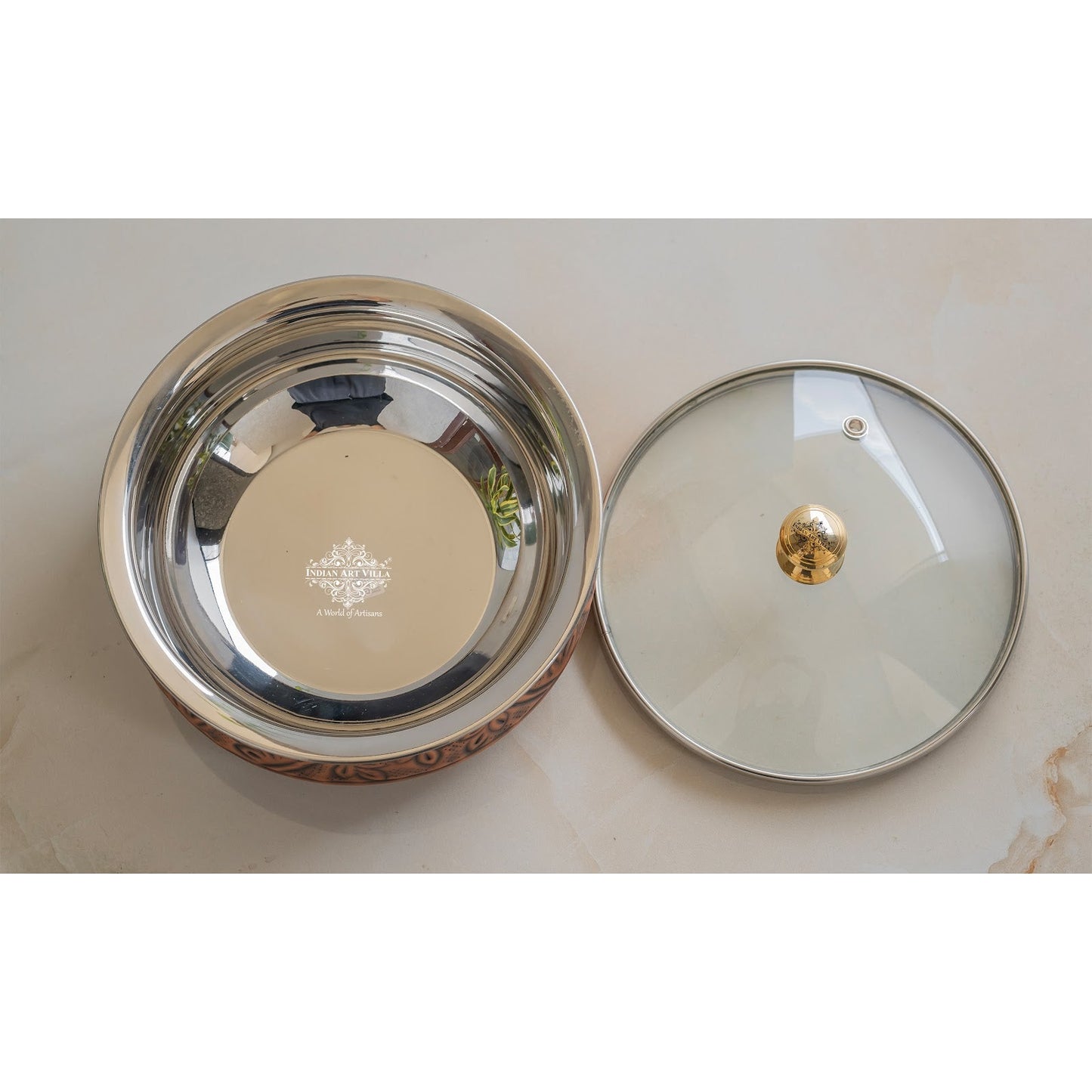 Premium Steel Copper Handi with Antique Finish, Intricate Embossed Design, and Glass Lid - Perfect for Serveware And Tableware.