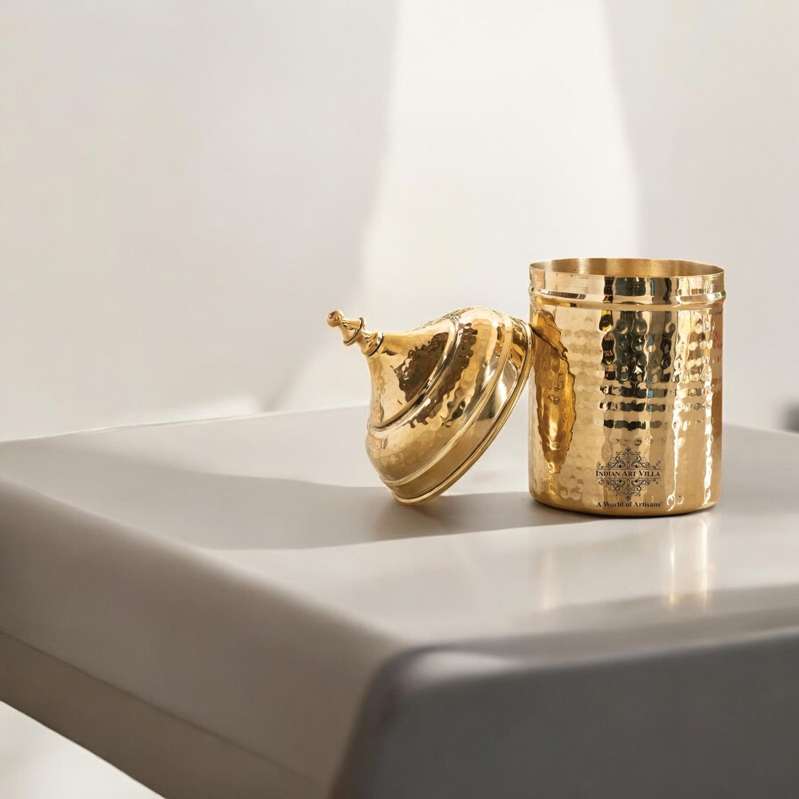 Brass Hammered Storage Container with Lid – 500 ML, Gold Finish Traditional Brass Jar, Dry Fruit, Sugar Storage Jar & Decorative Brass Box for Kitchen, Dining & Gifting