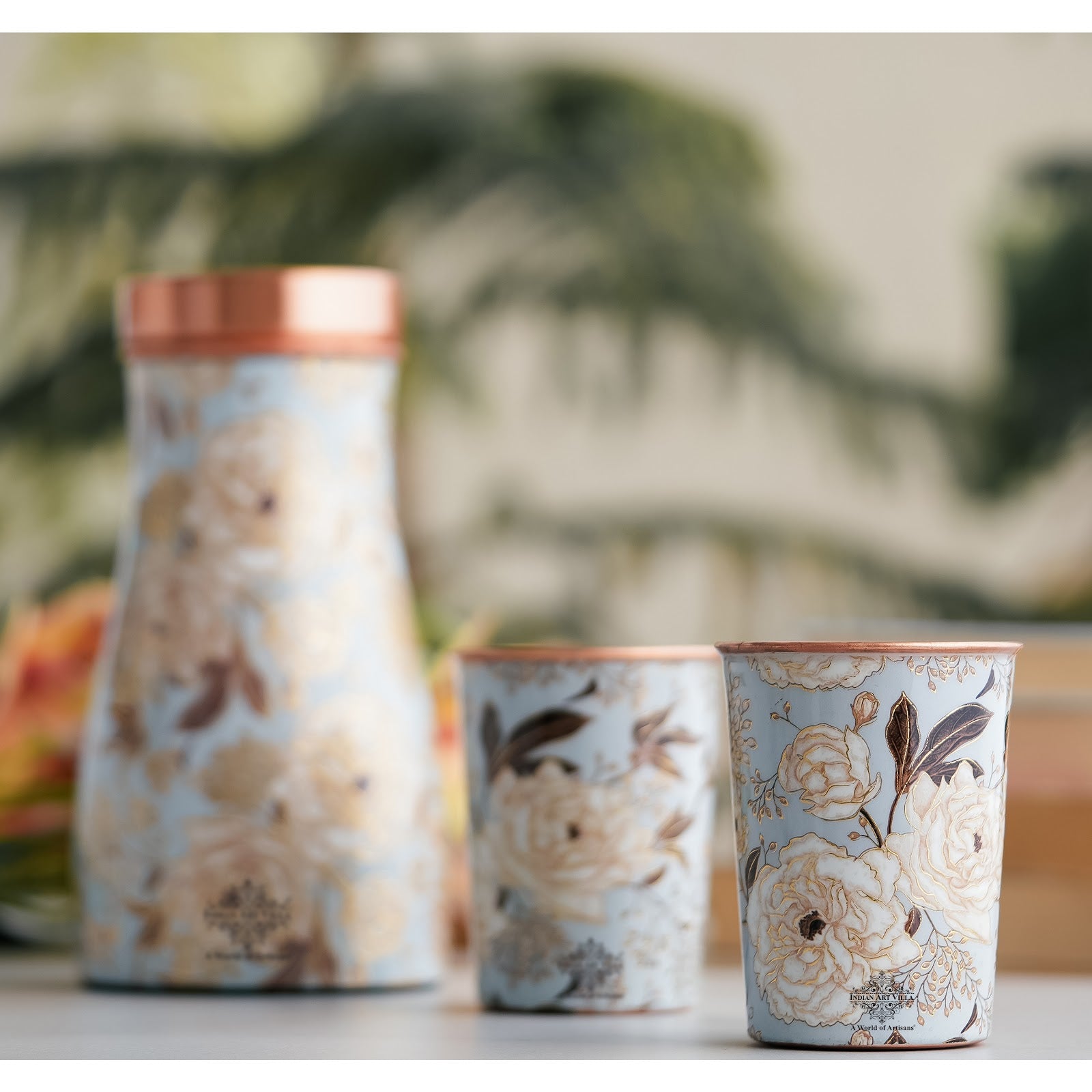 Copper Gold Printed Bedroom Bottle with 2 Glass Set – 900 ML Bottle & 300 ML Glass