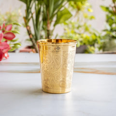 Pure Brass Embossed Thali Set 31.75 cm with Bowls, Spoon & Glass