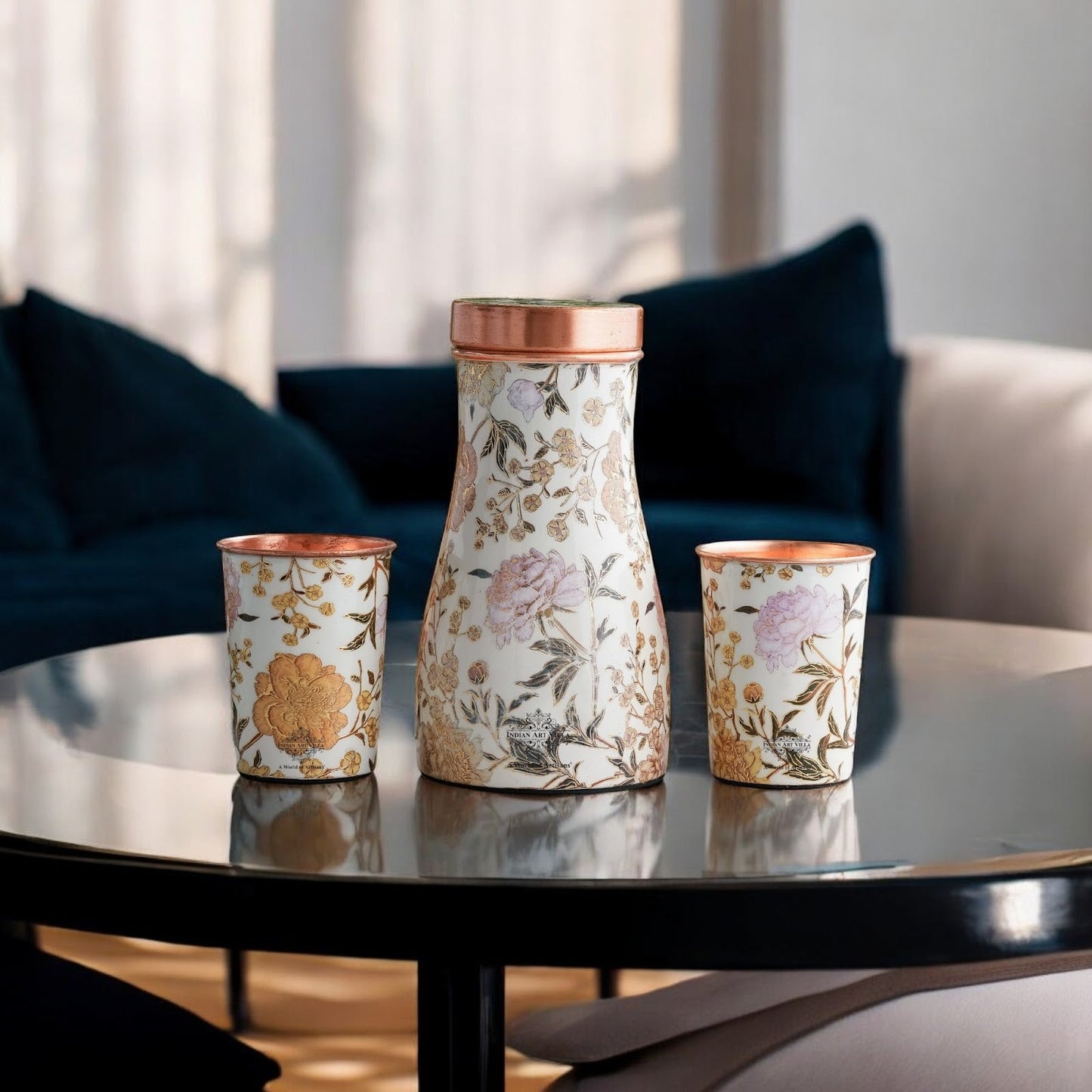 Copper Gold Printed Bedroom Bottle with 2 Glass Set – 900 ML Bottle & 300 ML Glass