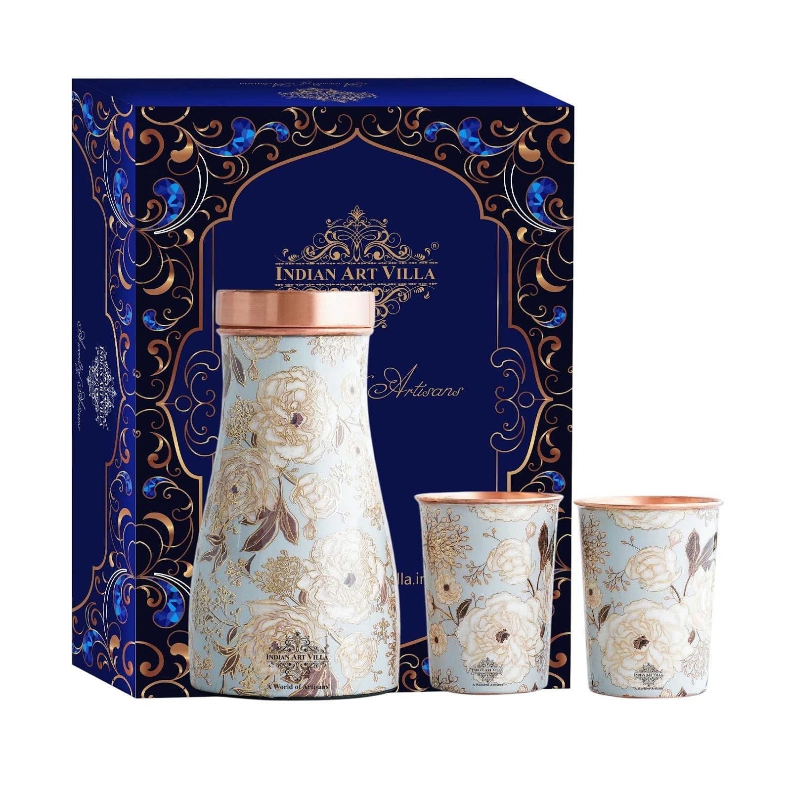 Copper Gold Printed Bedroom Bottle with 2 Glass Set – 900 ML Bottle & 300 ML Glass