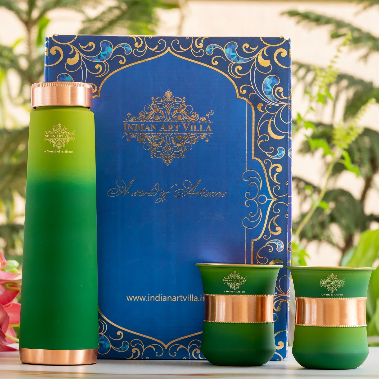 Pure Copper Bottle Pyramid  Shape With 1 Bottle &  2 Glass Set