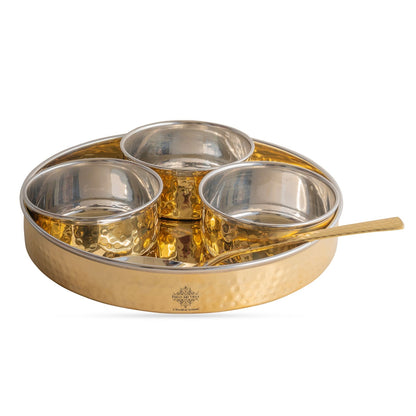 Brass Mukhwas Set – 3 Bowls with 8-Inch Hammered Plate & Spoon | Perfect for Serving Mouth Fresheners, Dry Fruits, Sweets at Home, Parties, Restaurants, and Festive Occasions