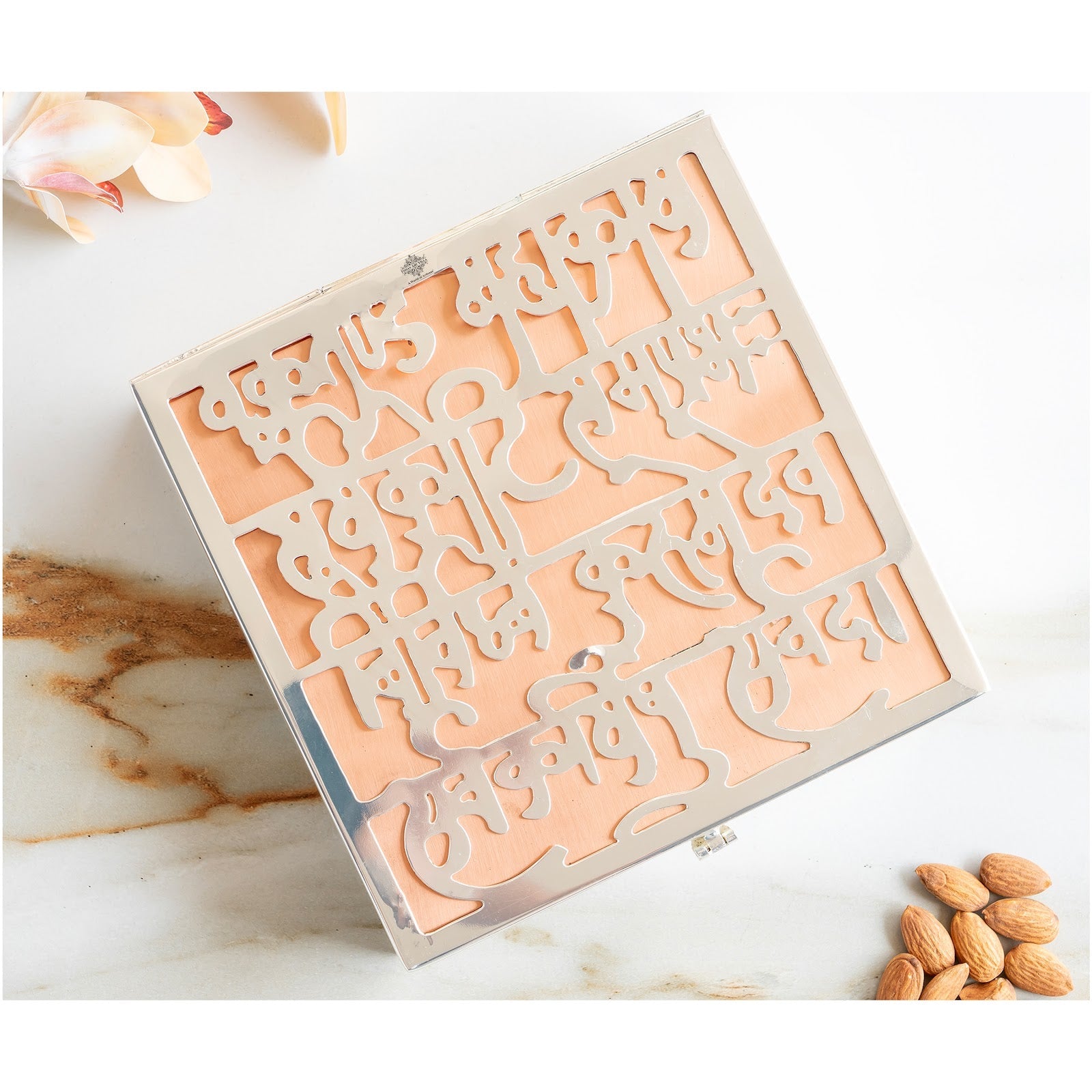 Silver Plated Copper Decorative Box with Ganesh Ji Mantra Design