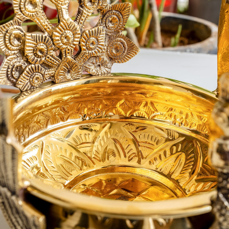 Pure Brass Peacock Urli Bowl with Ornate Handles for Home Decor