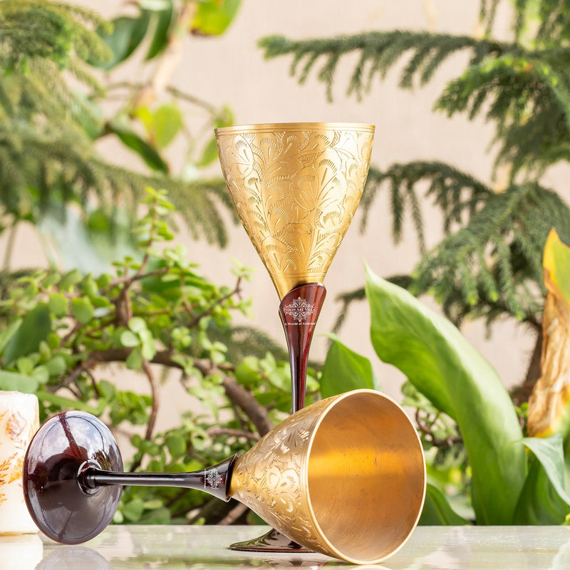 Brass champagne Embossed Glass With Black Bottom Stand - 200 ML
