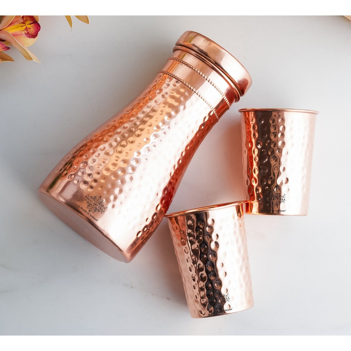 Pure Copper Drinkware Gift Set – Hammered Design, Water Bottle (900 ML) & 2 Glasses (275 ML) Set