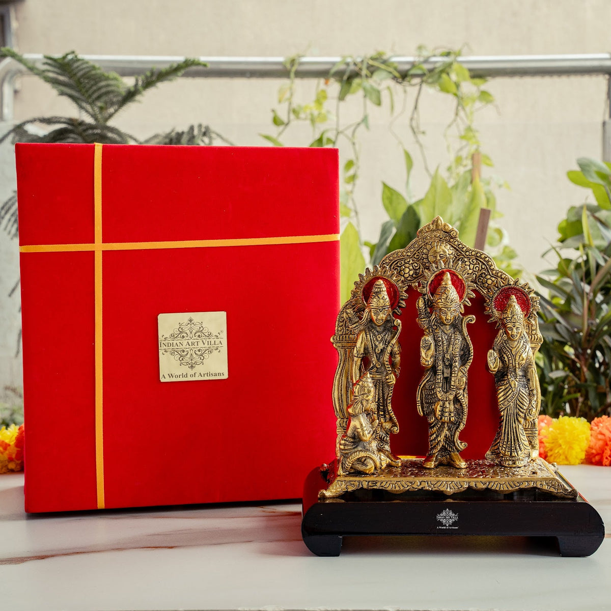 Brass Finish Ram Darbar Murti with Wooden Base for Home Temple