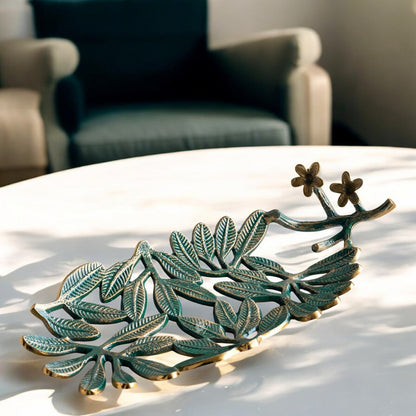 Brass Finish Green Banana Leaf Design Decorative Tray – 40 cm, Elegant Oval Shaped Centerpiece for Home Décor And Table Decoration