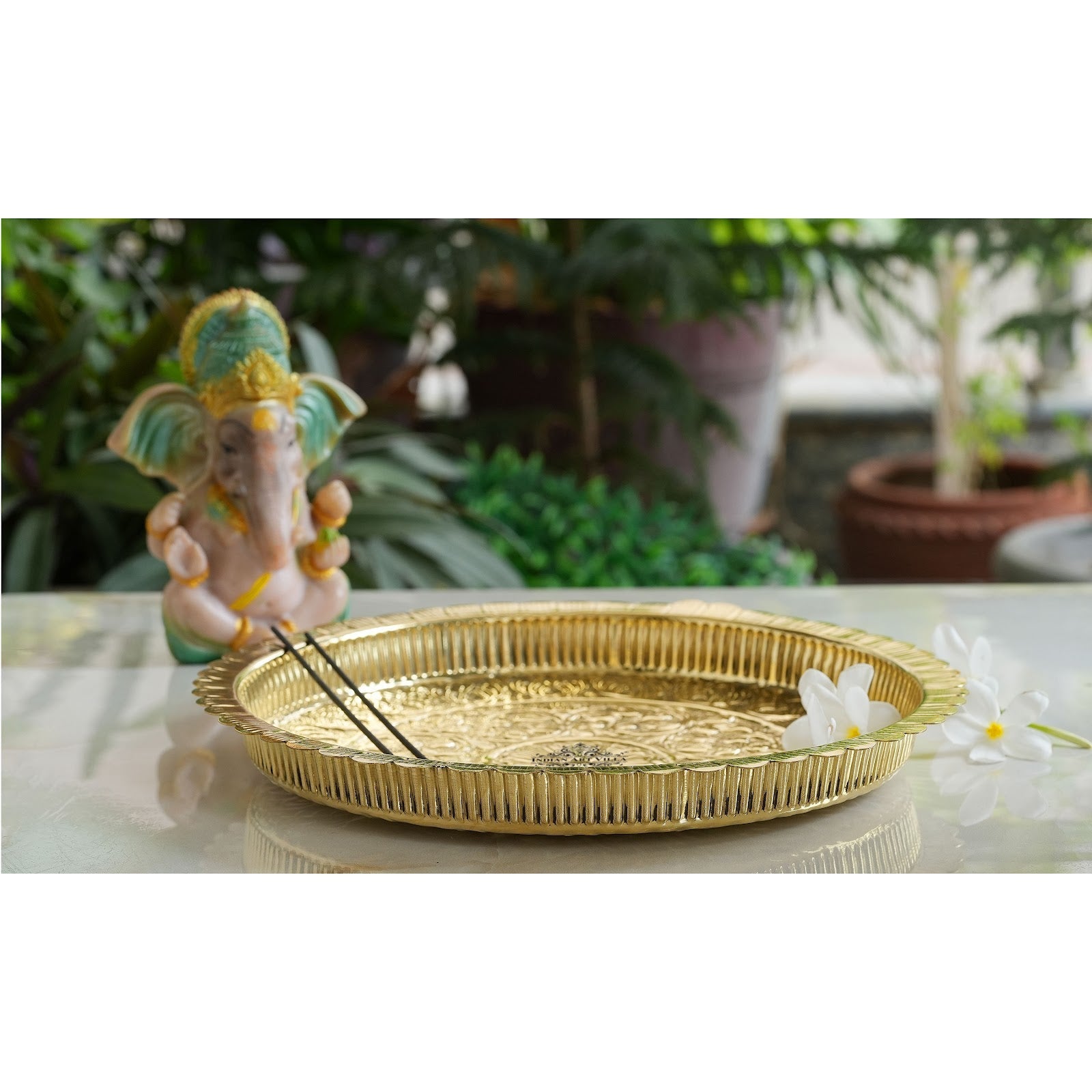 Handmade Pure Brass Flower Design Pooja Thali - 30.48 cm Dia. Spiritual Item