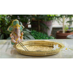 Handmade Pure Brass Flower Design Pooja Thali - 30.48 cm Dia. Spiritual Item