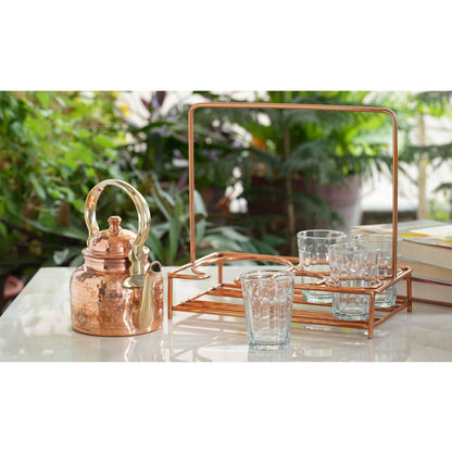 Copper Hammered Tea Pot with Brass Handle with 4 or 6 Glass Tea Cup