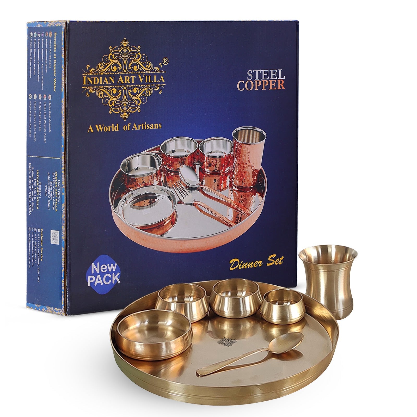 Handcrafted Pure Bronze Curve Shaped 7 Pieces Dinner Set | Thali Set with  Mirror Shine Finish