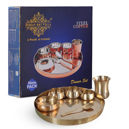 Handcrafted Pure Bronze Curve Shaped 7 Pieces Dinner Set | Thali Set with  Mirror Shine Finish