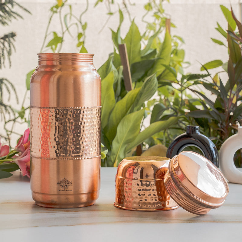 Pure Copper Hammered Water Bottle with Glass Lid – 2000 ML