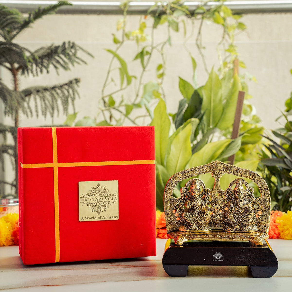 Brass Finish Ganesh Ji With Laxmi JI Murti with Wooden Base