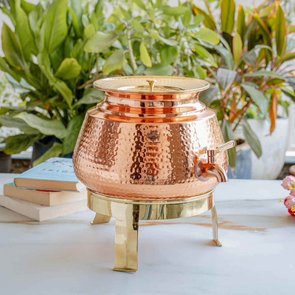 Pure Copper Water Dispenser Matka with Lid & Stand | Hammered Design 6500 ML