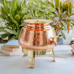 Pure Copper Water Dispenser Matka with Lid & Stand | Hammered Design 6500 ML
