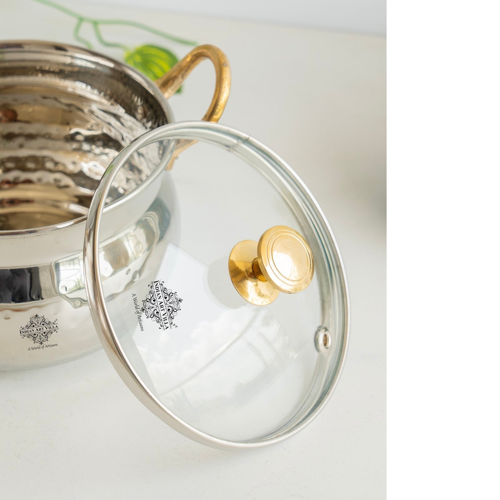 Steel Handi Hammered Design Bowl with Glass Lid Brass Knob &  Handles   – 950 ML,  Tableware & Serveware