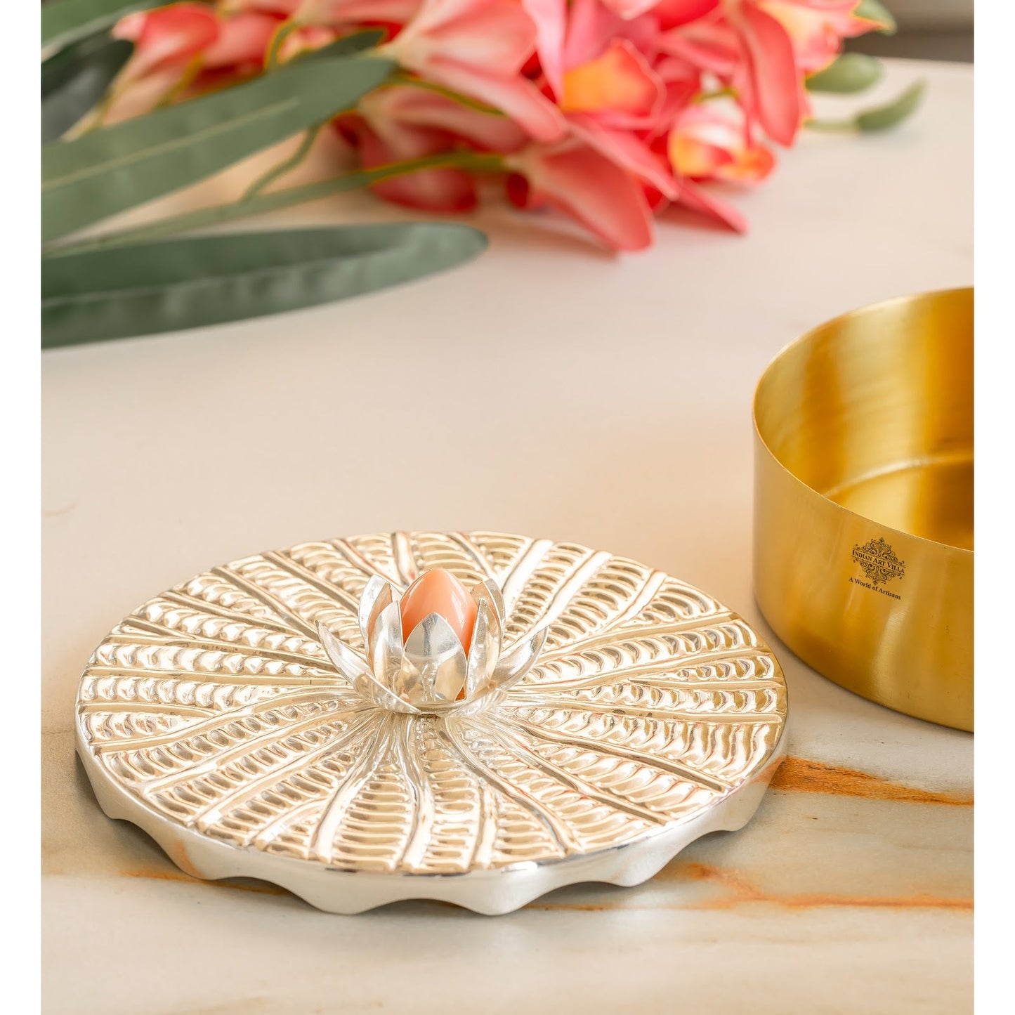 Silver-Plated Brass Decorative Multi-Purpose Gift Box, Lotus Flower Design, Elegant Silver & Gold Finish Storage Box for Dry Fruits