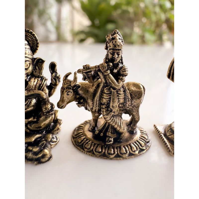 Pure Brass Miniature Divine Idol Combo of Ganesha, Krishna, Hanuman ji & Sai Baba