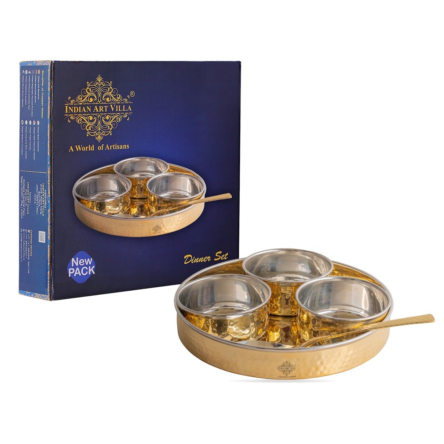 Brass Mukhwas Set – 3 Bowls with 8-Inch Hammered Plate & Spoon | Perfect for Serving Mouth Fresheners, Dry Fruits, Sweets at Home, Parties, Restaurants, and Festive Occasions