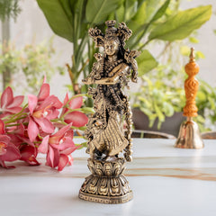 Pure Brass Antique Finish Radha Krishna Standing Murti For Home Temple - 24.13 cm
