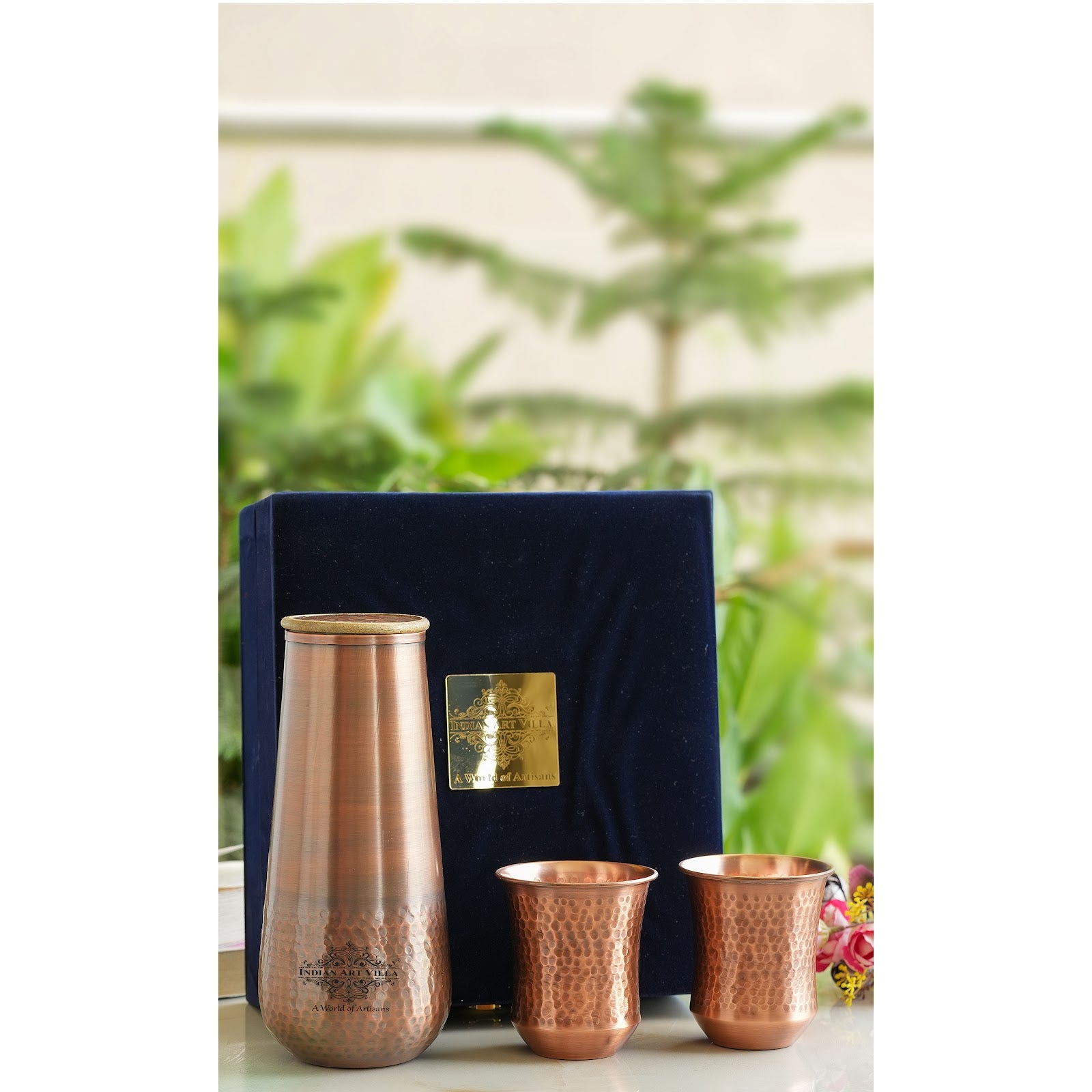 Pure Copper Drinkware Gift Set of Copper Bedroom Bottle & Copper Glass