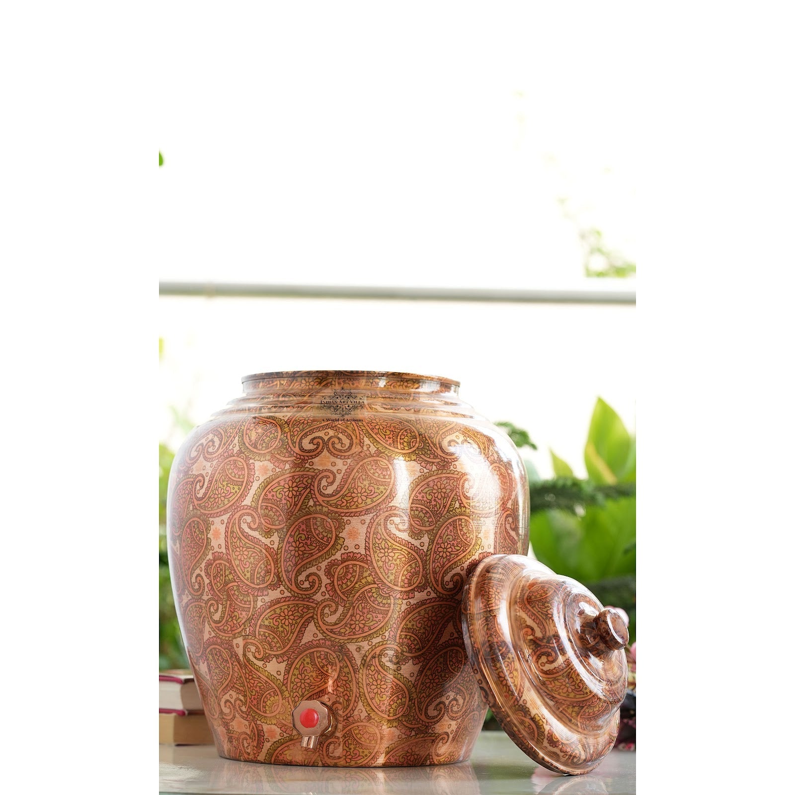 Pure Printed Paisely Design Copper Water Dispenser Pot Matka, Storage, Home Kitchen Garden