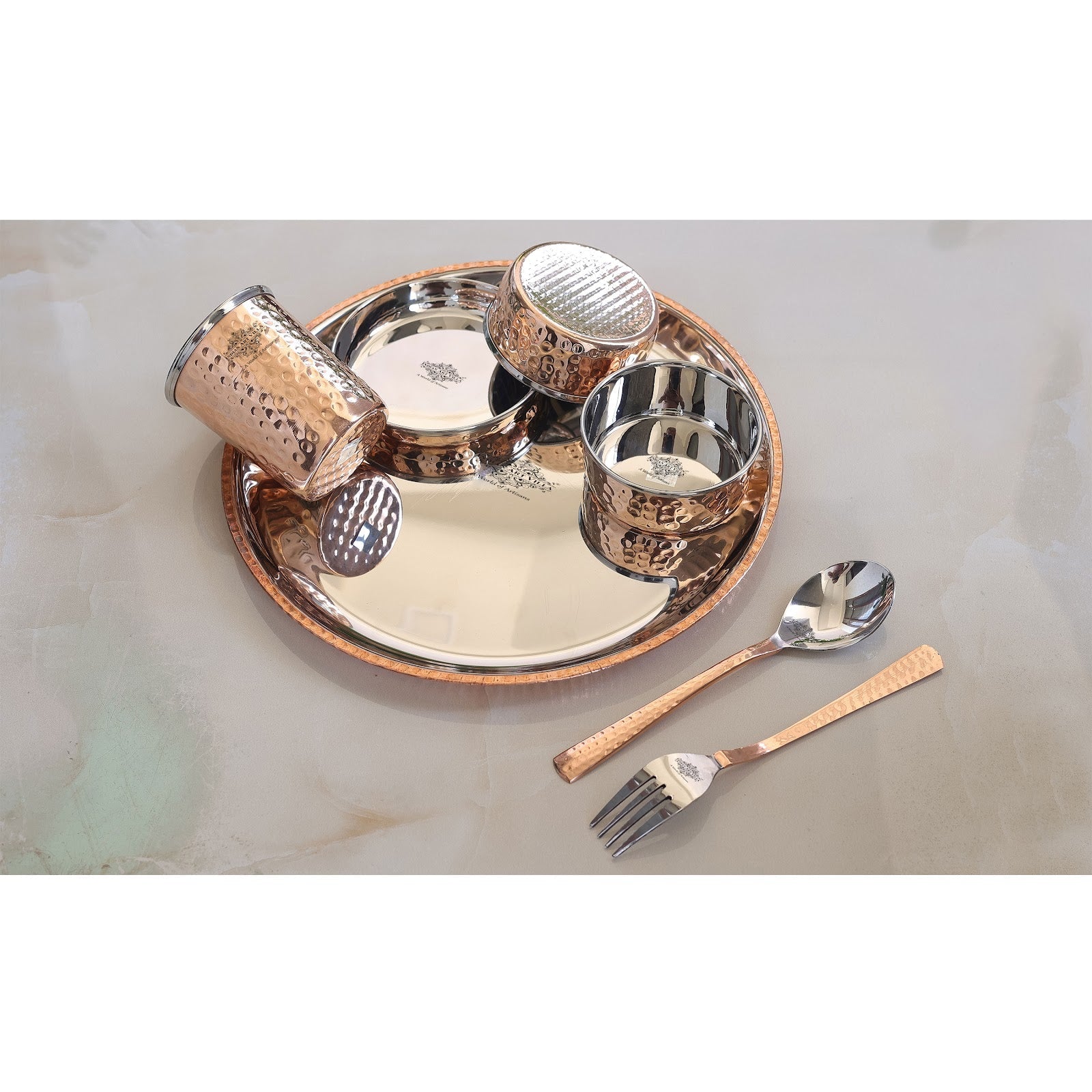 Steel Copper Hammered Design 7 Pieces Dinner Set/Thali Set of 1 Thali, 1 Glass, 1 Spoon, 1 Fork, 1 Small Plate & 2 Bowls, Dinnerware, Tableware Or Crockery